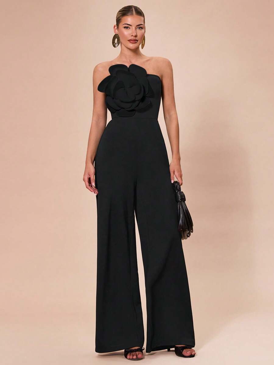 SHEIN BAE Bộ đồ liền thân bó sát trang trí hoa 3D thanh lịch màu đen & đen/trắng, đa năng cho tiệc cocktail, hẹn hò lãng mạn, mặc nhiều lớp thường ngày, tiệc tùng, Halloween, Giáng sinh - màu đen - Xem 1