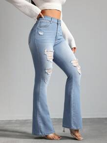 SHEIN Tall 女士牛仔裤 紧身弹力破洞喇叭裤 蓝色高腰紧身喇叭裤 牛仔裤 女式紧身裤 牛仔布 喇叭裤 紧身裤 女式紧身裤 喇叭裤 - 淺色水洗藍 - 查看 6