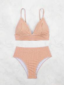 SHEIN Swim Striped Bikini Swimwear For Summer Beach Vacation - Coral Orange - View 5