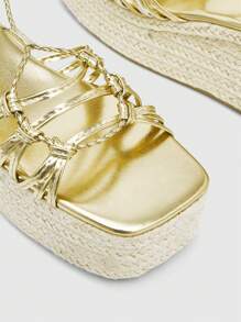 CUCCOO SZL Woman Shoes Square Toe Braided Design Strappy Thick Sole Vacation Gold Wedge Sandals For Summer Vacation Shoes Party Baddie Fashionable Chic Gorgeous Style Christmas Disco Party Night Out Fall New Year Holiday Valentines Valentine Day