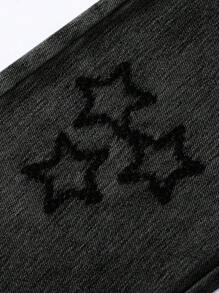 年轻女孩时尚阔腿星星刺绣牛仔裤，休闲宽松直筒水洗牛仔裤，百搭舒适，日常穿搭，2025年新品 - 黑色 - 查看 4