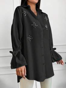 Cotton Pearls Beaded Knot Cuff Drop Shoulder Shirt