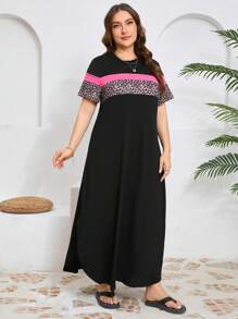 SHEIN LUNE Damen Große Größen Kleid mit Leoprint Patchwork, Rundhalsausschnitt, Kurzarm und gerundetem Saum, Lässig-Stil