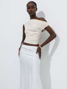 Aveloria Modichic Women's Elegant Oblique Shoulder Tie Strap Fashionable Summer Top - Apricot - View 2