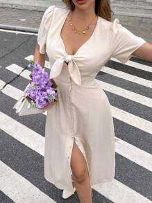 SHEIN Frenchy Women's Solid Color Elegant Romantic Front Neck Bow Midi Dress, Simple & Fashionable, Suitable For Summer,Women Dresses Vacation,Elegant Gown,Spring/Summer,Front Button Placket Dress,Non-Stretch Crepe Textured Fabric,Elegant And Fashionable For Commuting,Modest Dresses For Women,Wedding Guest Dress Women,Bridal Shower Dress White,Graduation Dress,Tea Party Dress