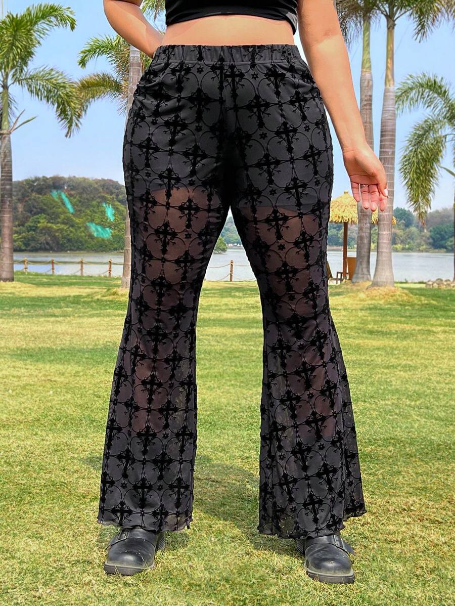 SHEIN EZwear Plus Size Women Flower Mesh Flare Pants - Black - View 1