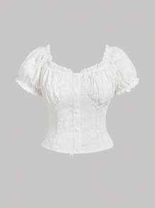 SHEIN MOD Spring And Summer New Plus Size Women Floral Embroidery Blouse, French Elegant Women White Top, Suitable For Summer Tops,Plus Women Blouses,Summer Blouse,Button Down Shirt,Flower Top,Curve Plus Tops - White - View 4