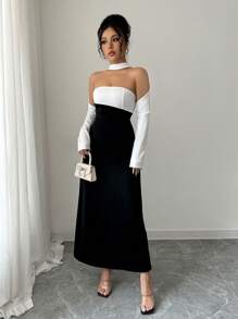 Elenzga 女士春夏优雅针织领披肩外套，黑白撞色，露肩镂空设计，A 字裙，适合约会、派对、婚礼、斋月、度假、音乐节