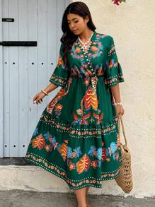 Breezaya Vestido de vacaciones de talla grande con estampado tropical y cuello de solapa profunda para uso en occidente - Multicolor - Ver 3