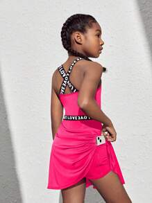 SHEIN Leap Crew 青少年女孩休闲运动时尚无袖运动防闪光连衣裙 - 玫紅色 - 查看 1