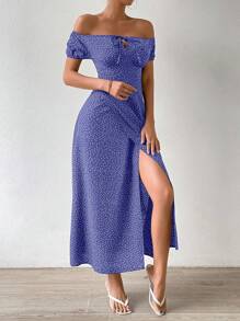 Breezaya Polka Dot Tie Front Off Shoulder Split Thigh Dress Maxi Women Outfit