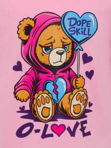 Young Girls Sets Fun Bear Print Short-Sleeved T-Shirt Paired With Denim Style Trousers - Pink - View 4