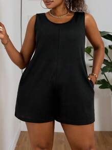 SHEIN PETITE CURVE 大码女式夏季纯色圆领口袋休闲黑色连体衣，女士度假装 - 黑色 - 查看 7