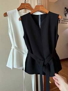 SHEIN Clasi 女士纯色缺口 V 领无袖衬衫 - 黑色 - 查看 4