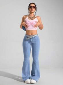 SHEIN PETITE Women's Casual Washed Skinny Flare Jeans