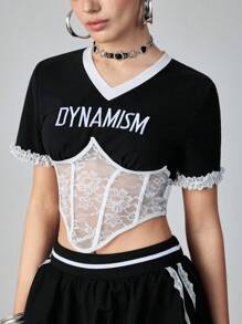 ROMWE Avant Women's Y2K Lace Bra Sports Ballerina Contrast Letter Embroidered T-Shirt - Black - View 5