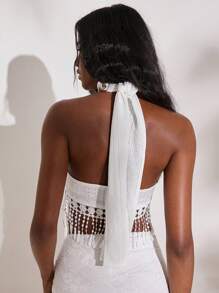 Opulessa Holiday Patchwork Cross Tie Water-Soluble Lace Tassel Hem Crop Tank Top