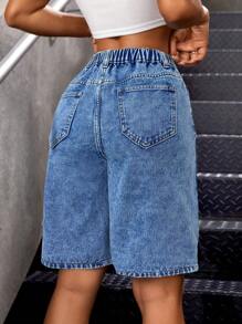 SHEIN Teen Girl Y2K Stonewashed Casual Loose Fit Blue Baggy Denim Long Shorts With Floral, Butterfly Pattern Print,Girls Summer Boho Vacation Rave Concert Streetwear Outfits