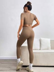 INAWLY 2pcs/Set Women Letter Print Cropped Top And Leggings - Coffee Brown - View 2