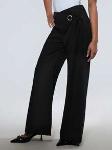 TRNVIE Nouveaux pantalons droits décontractés pour femmes de mode d'été, avec décoration métallique asymétrique, sangle de "vieux billets" et ourlet évasé micro-flare