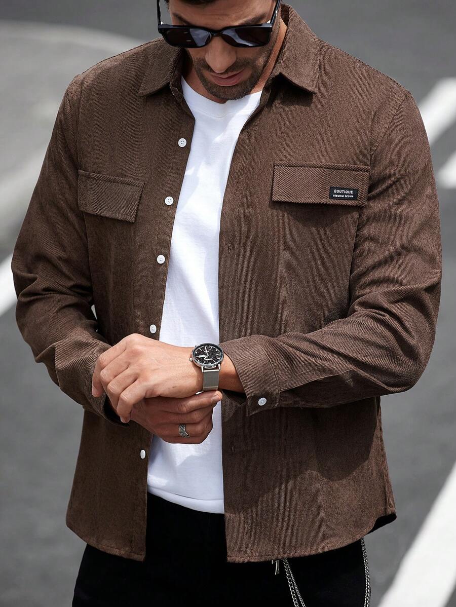 Manfinity Homme 男士休闲纯色长袖衬衫男士工作衬衫男士棕色衬衫 - 咖啡棕 - 查看 1