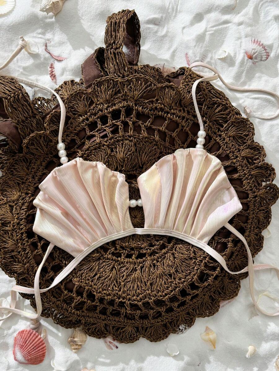 Swim Chiccia Solid Color Pearl Decor Tie Back Halter Swimwear Top For Women For Summer Beach Vacation - Multicolor - View 1