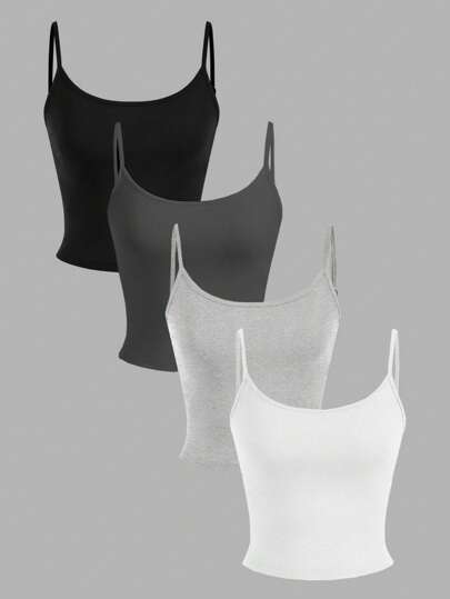 SHEIN EZwear 4 قطع من البلوزات العلوية المتسترة اللصيقة بقصة كاجوال للنساء باللون الأسود والأبيض والرمادي، مناسبة للصيف