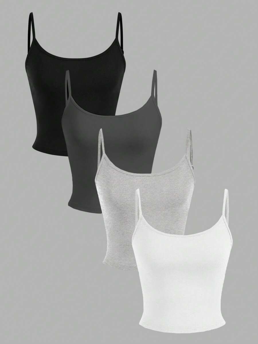 SHEIN EZwear 4pcs Women's Black, White, Grey Cropped Tight Fit Casual Camisole Tank Tops, Suitable For Summer Back To School - Multicolor - View 1