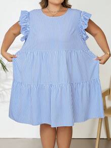 SHEIN CURVE+ Plus Striped Print Ruffle Trim Smock Summer Dress Boho Vacation - Blue and White - View 6