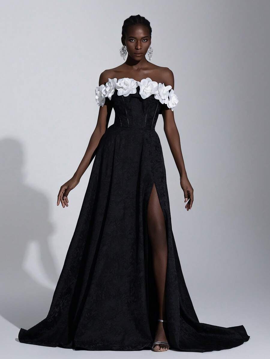 SHEIN Belle Elegant And Luxurious Black & White Contrast Floral Jacquard Off-Shoulder A-Line Princess Dress With Adjustable Tie At The Back, Suitable For Date, Birthday Party, Wedding, Single Party, Prom, Banquet (Heavy Embroidery Design), Formal, Gown, For Evening, Wedding Guest - Black - View 1