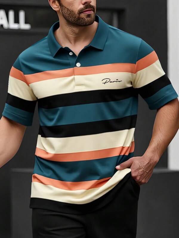 Manfinity Homme Camisa polo casual/empresarial masculina listrada de manga curta plus size
