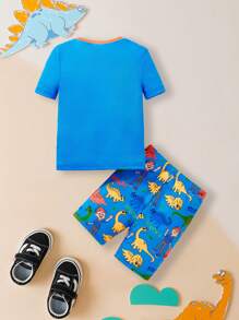 Blippi X SHEIN Jeune garçon Ensemble short et t-shirt manches courtes décontracté confortable pyjama imprimé dinosaure bleu mignon