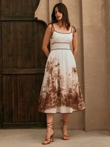 Anewsta Elegante vestido de vacaciones con cintura alta, cordón y tirantes sin mangas con estampado floral, adecuado para primavera temprana, vacaciones y playa - Multicolor - Ver 5