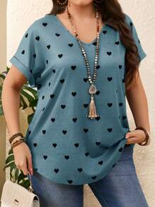 EMERY ROSE 女式加大码心形印花 V 领蝙蝠袖短袖 T 恤，夏季女士，度假女士 - 藍色 - 查看 7
