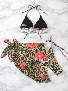 3pcs/Set Random Print Multi-Color Strap Tie Front Tie Side Bikini Bottom And Ruffle Hem Mesh Beach Cover Up Swimwear Set, Festival Boho - Multicolor - View 2