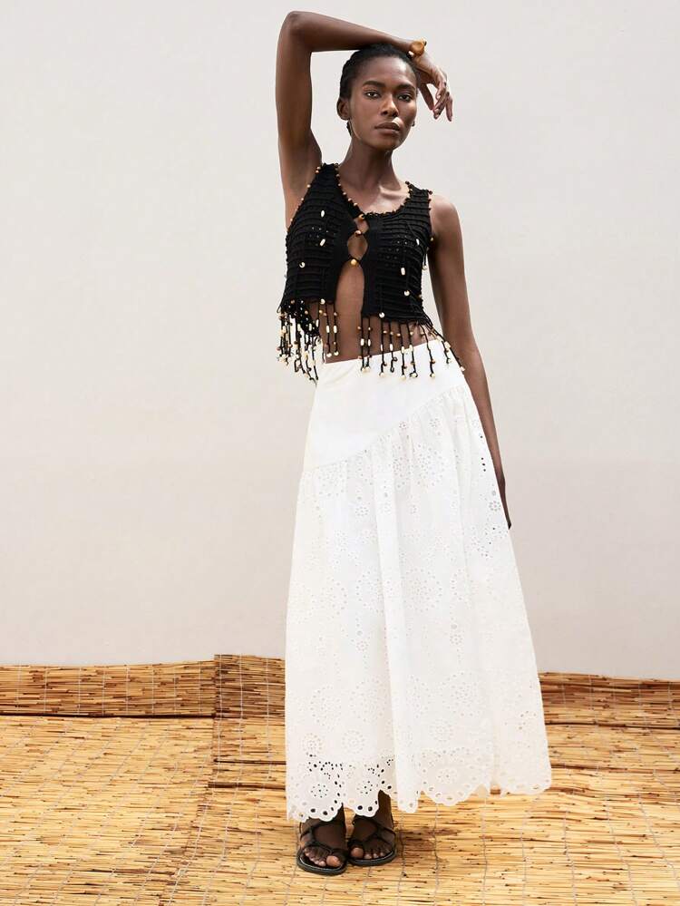 SHEIN Maija 2025 New Embroidery Hollow Splice A-Line Skirt, White Color Vacation Boho Style Skirt, Suitable For Casual, Party, Wedding, Beach, Music Festival, Graduation, Vacation,Autumn Outfits For Women