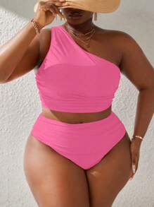 Slaydiva Plus Size Solid-Color Tankini Swimwear Set, Vacation Beach-Wear For Summer - Pink - View 3