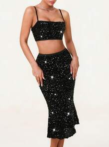 Glamine Conjunto de 2 piezas vestido largo con hombros descubiertos de color negro con lentejuelas, conjunto para salir, vestido de cumpleaños, conjunto para fiesta de vacaciones, conjunto de vestido para cita, conjunto de vestido de San Valentín para mujer, conjunto de vestido brillante, conjunto de 2 piezas para mujer, conjunto de 2 piezas falda, conjunto de 2 piezas falda para mujer - Negro - Ver 3