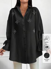 Cotton Pearls Beaded Knot Cuff Drop Shoulder Shirt