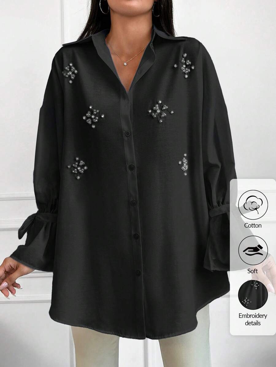 Cotton Pearls Beaded Knot Cuff Drop Shoulder Shirt