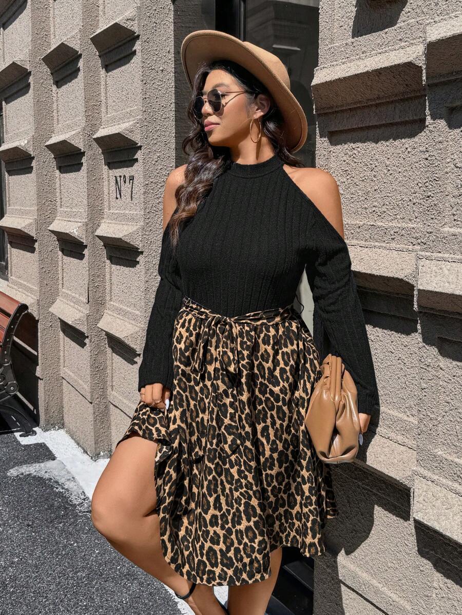 SHEIN LUNE Đầm hở vai họa tiết da báo cỡ lớn thường ngày thu đông - Nhiều màu - Xem 1