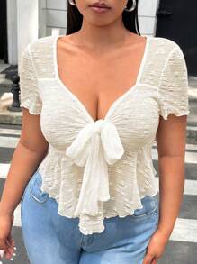 Flirla Kurzarm T-Shirt in Große Größen mit strukturierter Strick-Vorderseite und Knoten - Beige - Übersicht 1