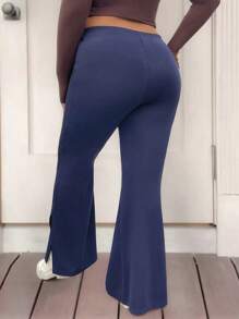 Flirla Plus Size Women Solid Color Elastic Waist Side Slit Casual Flare Pants