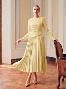 ZEYLAH 女士优雅纯色褶皱下摆连衣裙