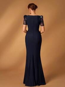 Serin Vestido de noche elegante y hermoso de color azul marino oscuro con mangas cortas, bordado floral con cuentas, tejido elástico plisado con abertura baja en la Bottom tipo cola de pez, adecuado para cena, despedida de soltera, cita, festival de música, baile, vacaciones, boda, evento, novia, madre, Día de San Valentín - Azul Marino - Ver 5
