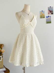 Soleia Women's Vacation Spaghetti Strap Mini Dress, Backless Tie-Up A-Line Dress, Vacation Textured Crochet Mesh, Summer Outfit - Apricot - View 6