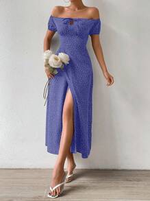 Breezaya Polka Dot Tie Front Off Shoulder Split Thigh Dress Maxi Women Outfit
