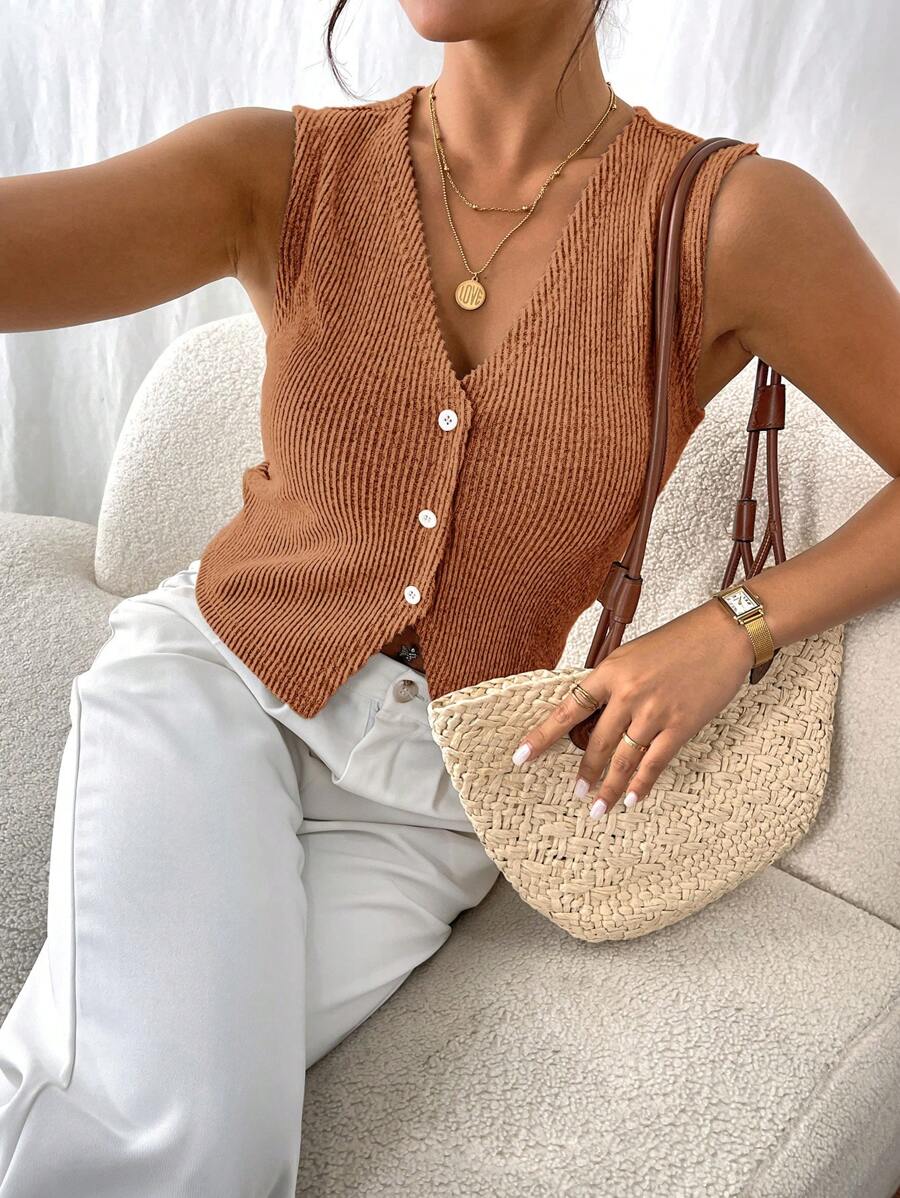 SHEIN Frenchy Women's Casual Vacation Khaki Button Front Tank Top Summer - Burnt Orange - View 1