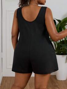 SHEIN PETITE CURVE 大码女式夏季纯色圆领口袋休闲黑色连体衣，女士度假装 - 黑色 - 查看 2