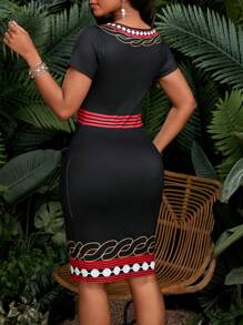 SHEIN Lady 春夏休闲优雅波西米亚风彩色印花梭织斜露肩长袍超长宽松长裙大码连衣裙